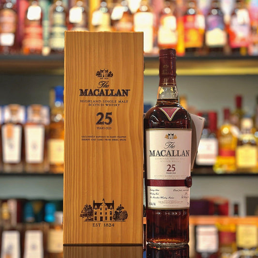 Macallan 25 Year Old Sherry Oak Cask Single Malt Scotch Whisky (750ml, Red Ribbon Version)
